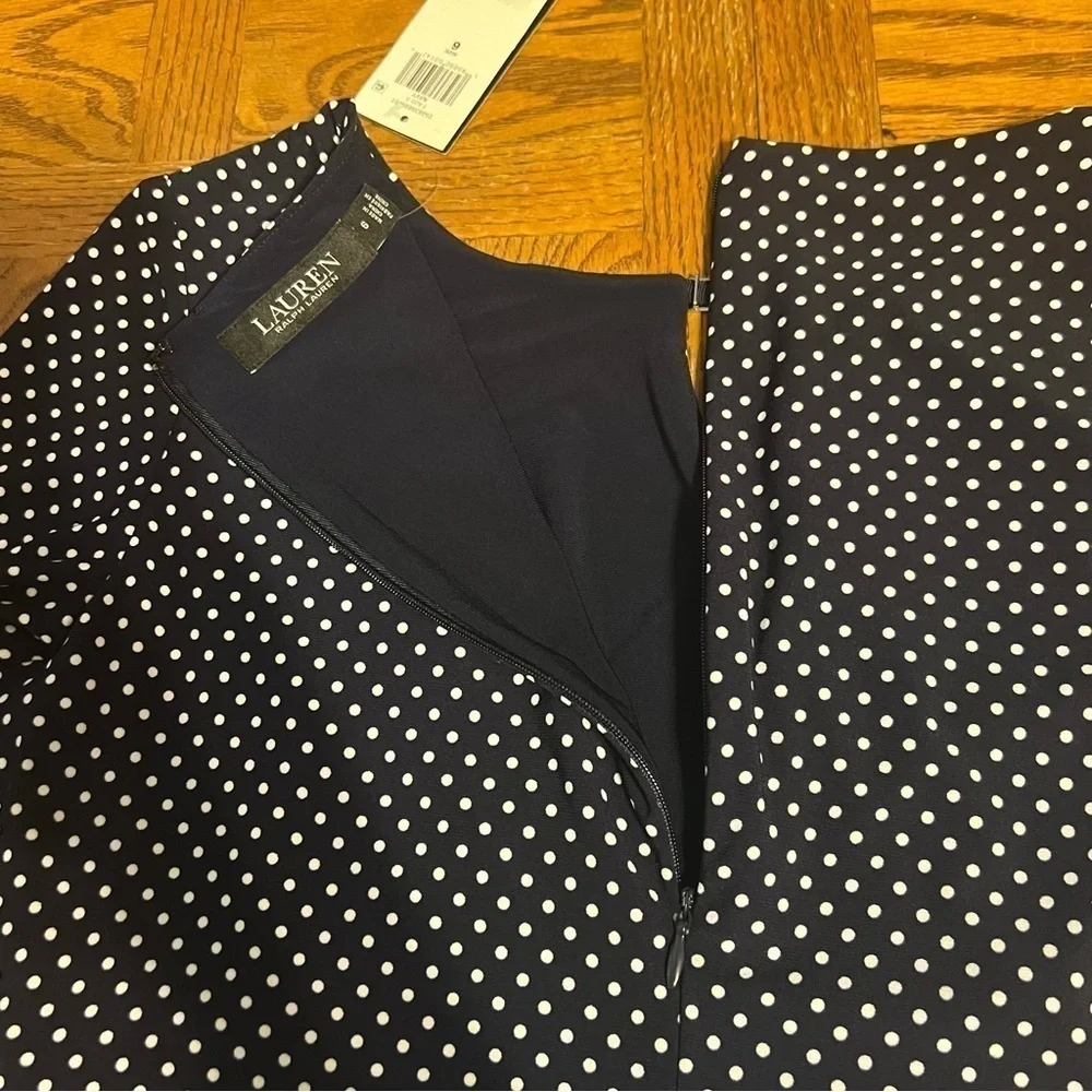 NEW Ralph Lauren Faux Wrap Ruched Jersey Knit Polka Dot Midi Dress in Navy Sz 6